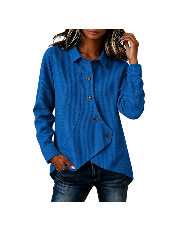 Womens Waffle Knit Button Down Shirts Casual Trendy Lightweight Long Sleeve Collared Relaxed Fit Fall Blouses Blue M