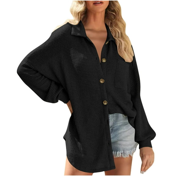 Womens Waffle Knit Button Down Shirts Long Sleeve Casual Lightweight Shacket Dressy V Neck Blouses Tops with Pocket