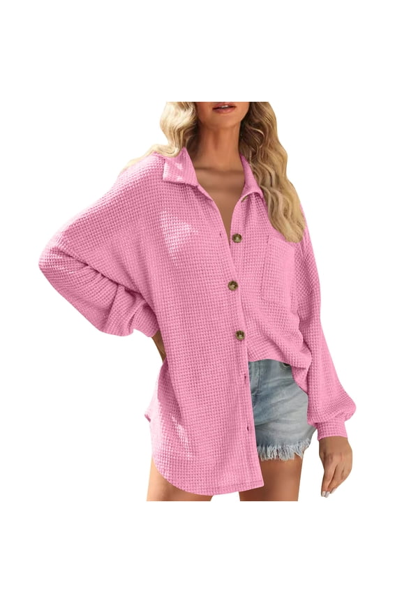 Womens Waffle Knit Button Down Shirts Long Sleeve Casual Lightweight Shacket Dressy V Neck Blouses Tops with Pocket