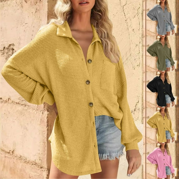 Womens Waffle Knit Button Down Shirts Long Sleeve Casual Lightweight Shacket Dressy V Neck Blouses Tops with Pocket