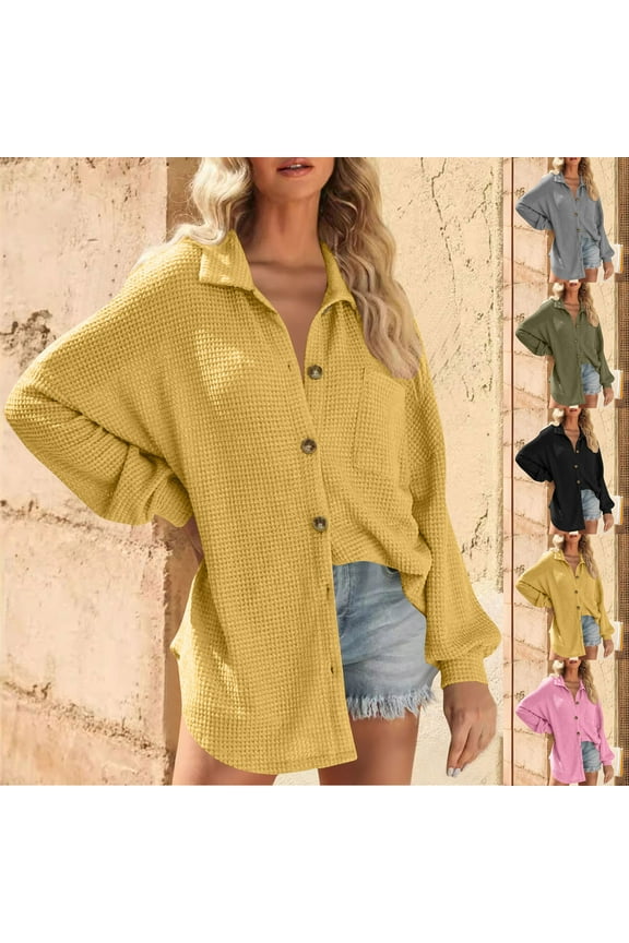Womens Waffle Knit Button Down Shirts Long Sleeve Casual Lightweight Shacket Dressy V Neck Blouses Tops with Pocket