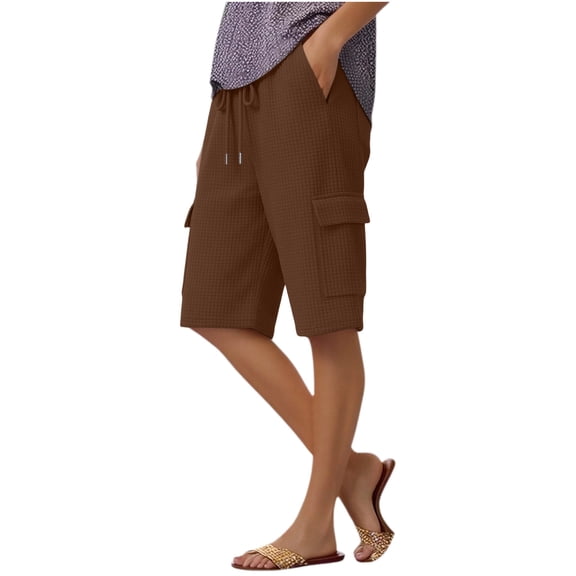 Womens Waffle Knit Cargo Shorts Elastic Waist Drawstring Bermuda Shorts Casual Outdoors Work Brown L