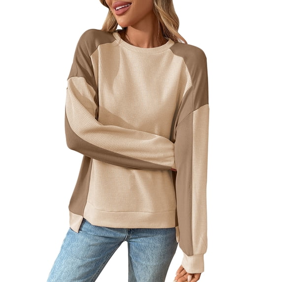 Womens Waffle Knit Colorblock Sweatshirt Loose Casual Trendy Pullover Tops Lightweight Fall Sweater No Hood (S, Khaki)