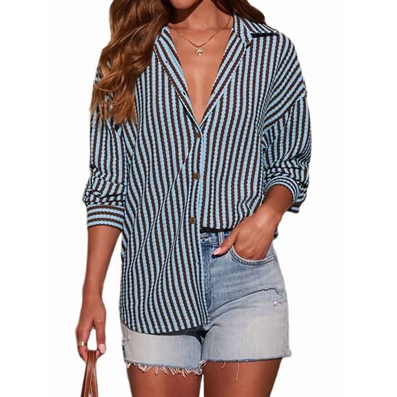 Womens Waffle Knit Contrast Stripe Casual Long Sleeve Button Down Shirts Dressy Blouses Tops Mixed Colors M