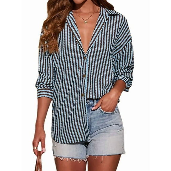 Womens Waffle Knit Contrast Stripe Casual Long Sleeve Button Down Shirts Dressy Blouses Tops Mixed Colors S