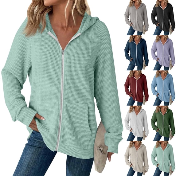 Womens Waffle Knit Full Zip Hoodie Oversized Long Sleeve Casual Fall Hooded Sweatshirt Jacket Tops with Pockets Purple L