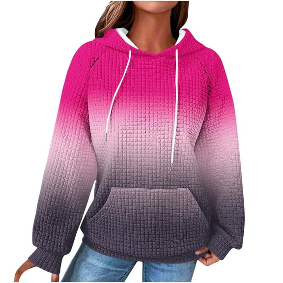 Womens Waffle Knit Graphic Hoodie with Pocket Drawstring Pullover Hooded Casual Sweatshirt Loose Fall Trendy Tops (XL, Hot Pink|Gradient)