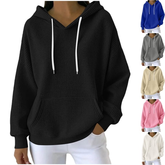 Womens Waffle Knit Hoodie Sweatshirt V Neck Oversized Slouchy Long Sleeve Pullover with Drawstring Kangaroo Pocket Soft Stretch Casual Lounge Wear, Black, S