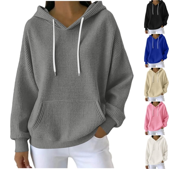 Womens Waffle Knit Hoodie Sweatshirt V Neck Oversized Slouchy Long Sleeve Pullover with Drawstring Kangaroo Pocket Soft Stretch Casual Lounge Wear, Gray, S