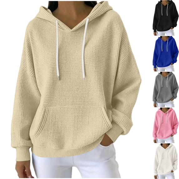 Womens Waffle Knit Hoodie Sweatshirt V Neck Oversized Slouchy Long Sleeve Pullover with Drawstring Kangaroo Pocket Soft Stretch Casual Lounge Wear, Khaki, XL