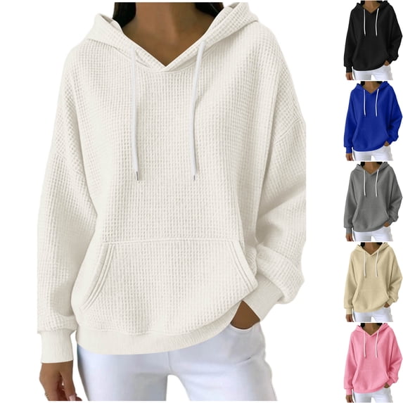 Womens Waffle Knit Hoodie Sweatshirt V Neck Oversized Slouchy Long Sleeve Pullover with Drawstring Kangaroo Pocket Soft Stretch Casual Lounge Wear, White, L