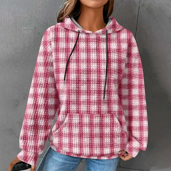 Womens Waffle Knit Hoodie,Womens 2023 Plaid Print Waffle Weave Hoodie Winter Fall Pocket Long Sleeves Sweatershirt,Women's Waffle Hoodies for Women Plaid