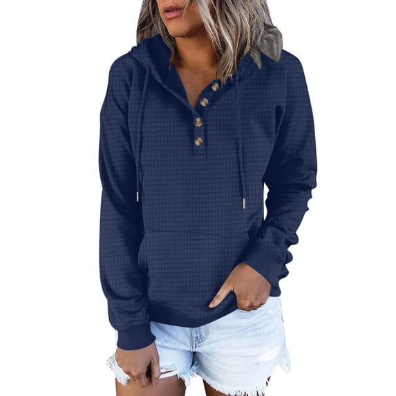 Womens Waffle Knit Hoodie with Pocket Button Drawstring Plain Hooded Pullover Sweatshirt Fall Winter Casual Tops (S, Navy)