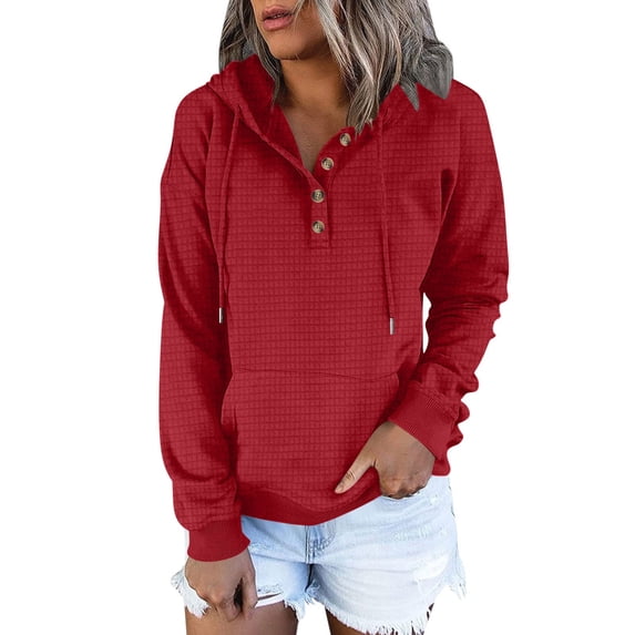 Womens Waffle Knit Hoodie with Pocket Button Drawstring Plain Hooded Pullover Sweatshirt Fall Winter Casual Tops (S, Red)