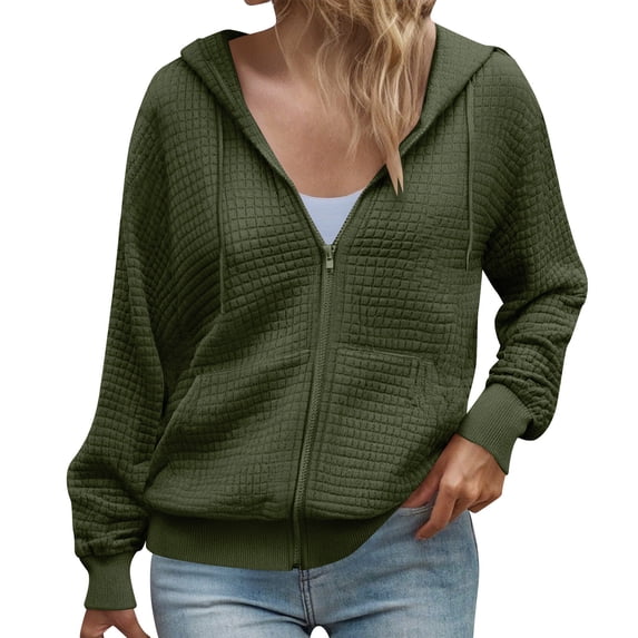 Womens Waffle Knit Hoodies Long Sleeve Zipper Solid Cardigan Lightweight Track Jackets with Pockets