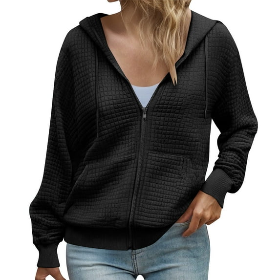 Womens Waffle Knit Hoodies Long Sleeve Zipper Solid Cardigan Lightweight Track Jackets with Pockets