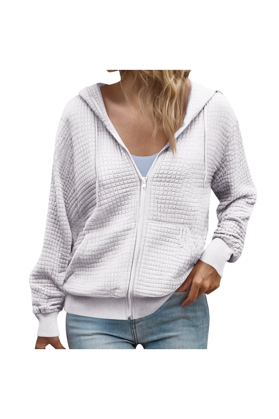Womens Waffle Knit Hoodies Long Sleeve Zipper Solid Cardigan Lightweight Track Jackets with Pockets