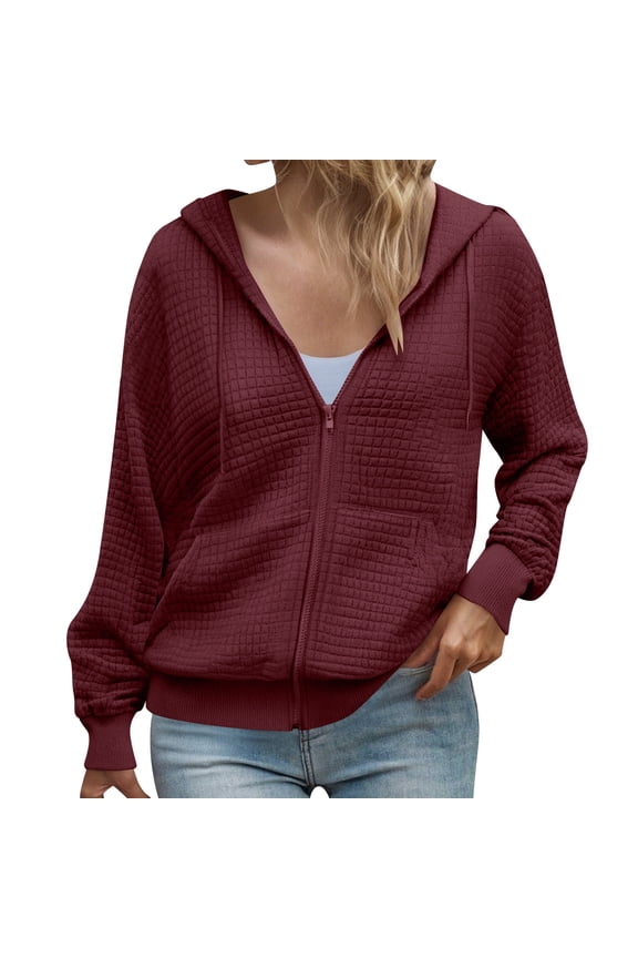 Womens Waffle Knit Hoodies Long Sleeve Zipper Solid Cardigan Lightweight Track Jackets with Pockets
