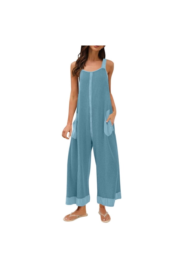 Womens Waffle Knit Jumpsuit Casual Wide Leg Jumpsuits Oversized Long Rompers Open Back Loose Overalls, Limited Time Clearance ###