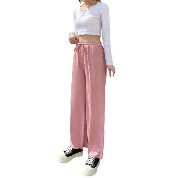 Womens Waffle Knit Lounge Wide Leg Pants High Elastic Waist Flowy Sweater Pants with Drawstring Pink M