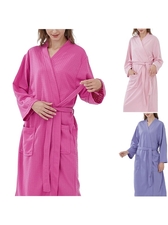 Womens Waffle Knit Nightwear Long Sleeve Spa Quick Dry Bath Robe Bridal Party Ladies Soft Sleepwear Loungewear House Coat with Pockets, Hot Pink, 3XL