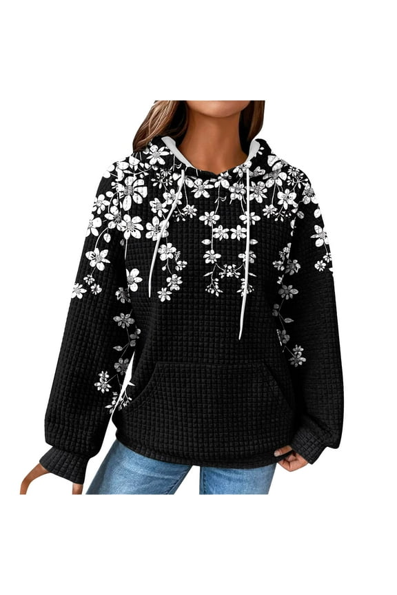 Womens Waffle Knit Oversized Hoodies 2025 Fall Cute Trendy Hooded Sweatshirt Drawstring Casual Loose Pullover Tops With Pocket,Black,L