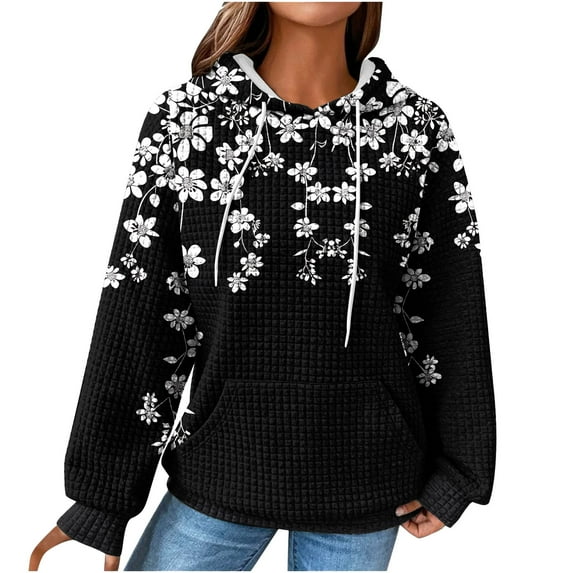 Womens Waffle Knit Oversized Hoodies 2025 Fall Cute Trendy Hooded Sweatshirt Drawstring Casual Loose Pullover Tops With Pocket,Black,S