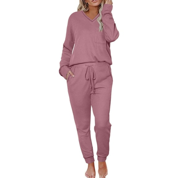 Womens Waffle Knit Pajama Sets Fall V-Neck Loose Loungewear Long Sleeve Sleepwear and Wide Leg Pants Solid Color Outfits (Pink 2XL)