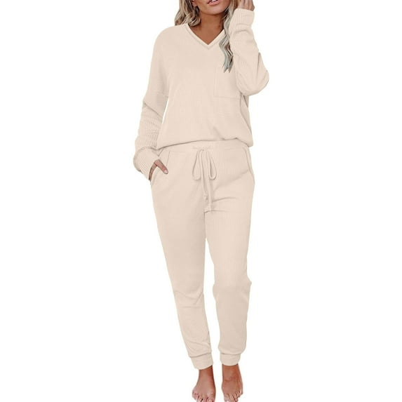Womens Waffle Knit Pajama Sets Fall V-Neck Loose Loungewear Long Sleeve Sleepwear and Wide Leg Pants Solid Color Outfits (White M)