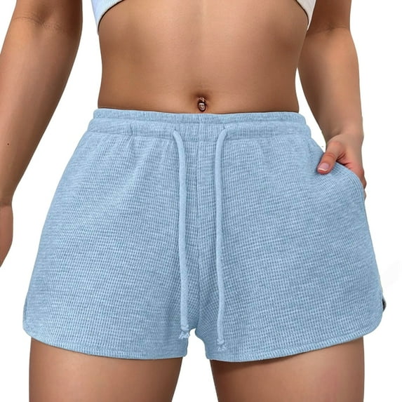 Womens Waffle Knit Pajama Shorts Soft Drawstring Lounge Bottoms Casual Workout Shorts with Pockets Blue S