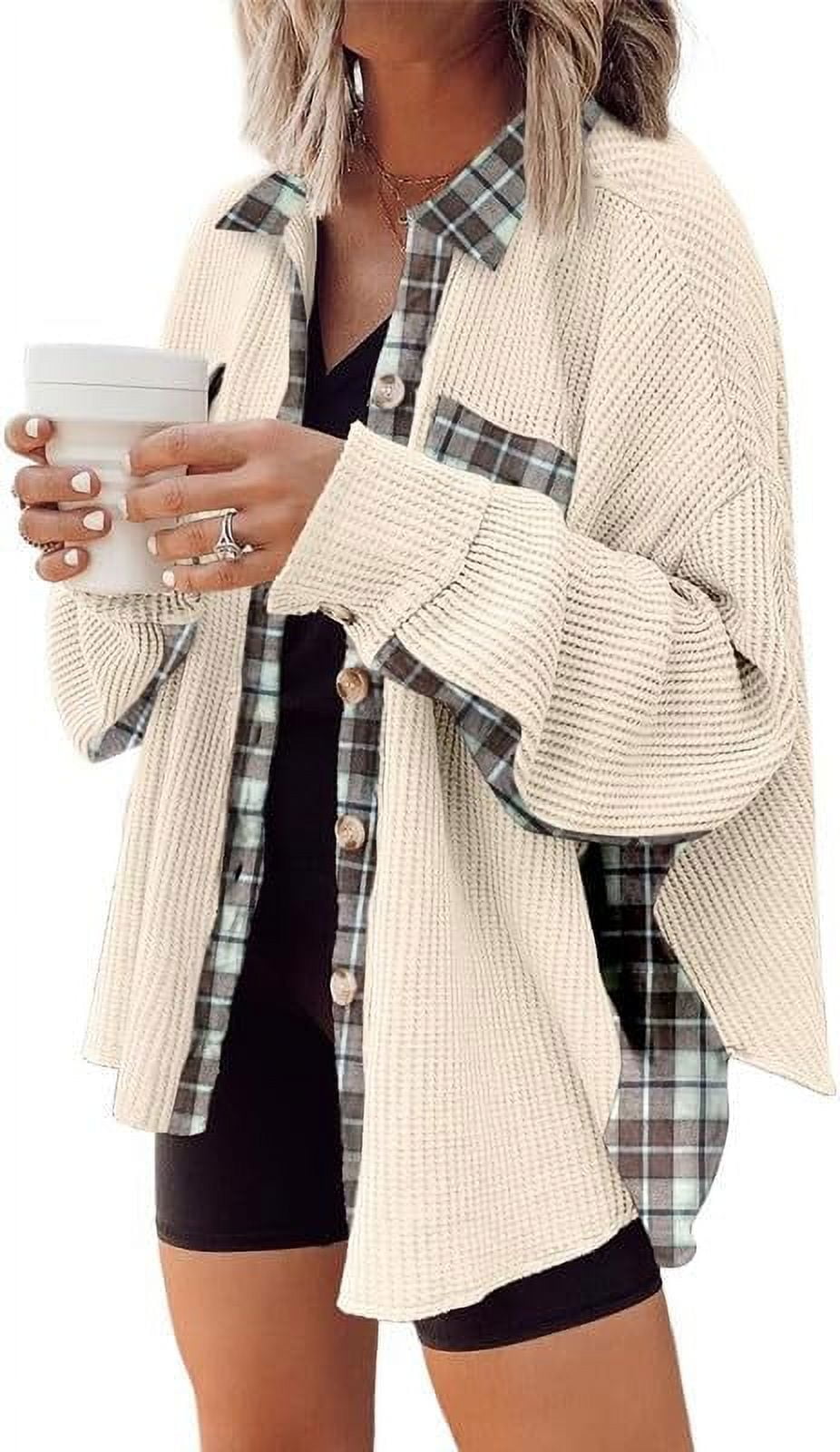 Womens Waffle Knit Plaid Shacket Boyfriend Button Down Shirt Jacket