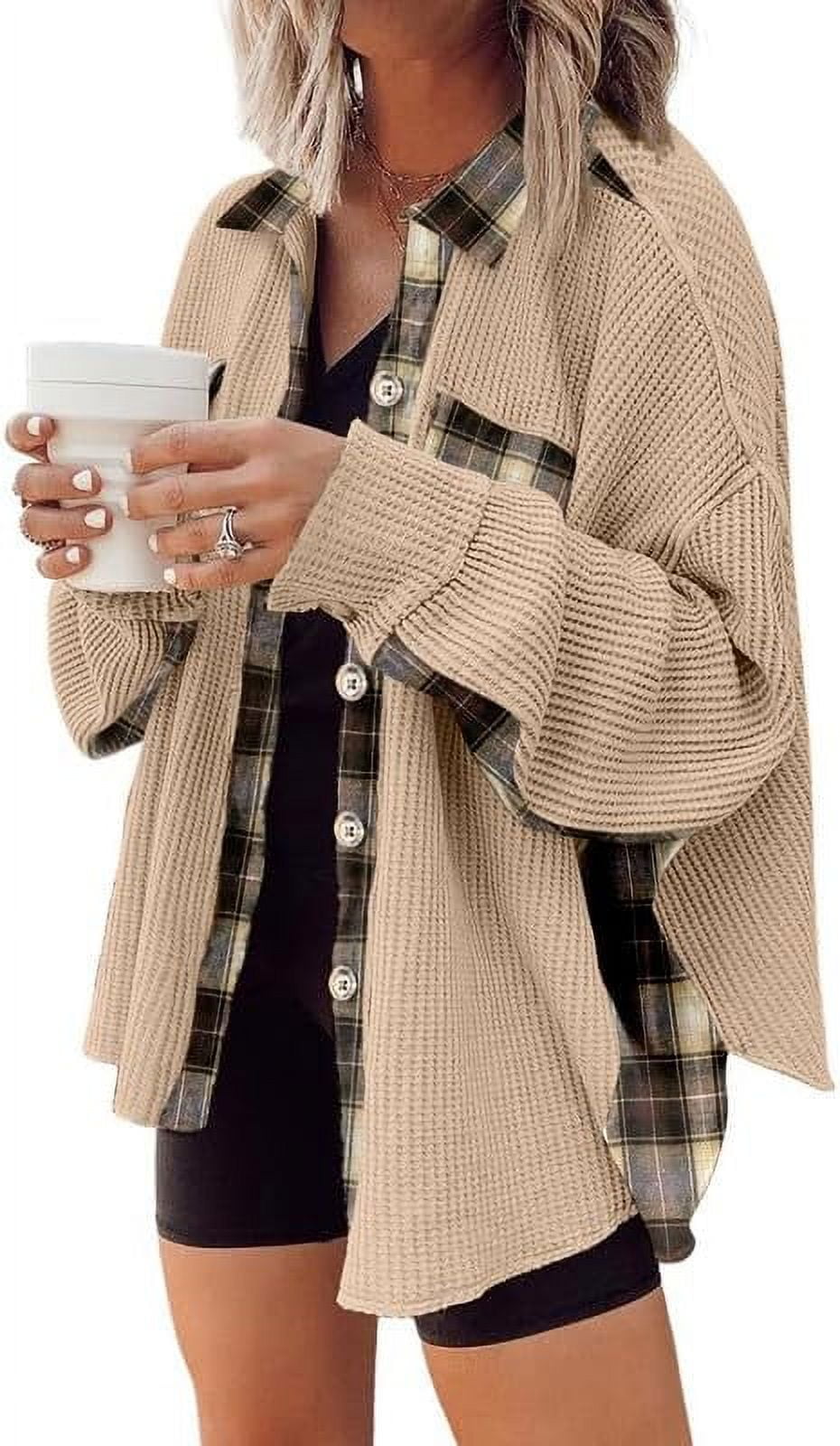 Womens Waffle Knit Plaid Shacket Boyfriend Button Down Shirt Jacket