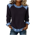 thumbnail image 1 of Womens Waffle Knit Pullover Denim Patchwork Crew Neck Long Sleeve Shirts Casual Loose Streetwear Going Out T-Shirt, 1 of 5