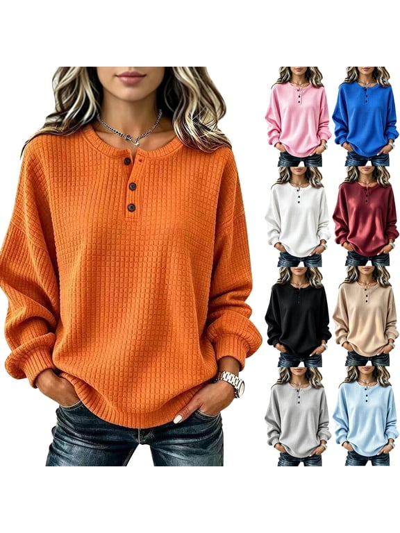 Womens Waffle Knit Pullover Top Long Sleeve Button Detail Henley Neck Knit Sweater Top Loose Fit Casual Work Office Fall Spring