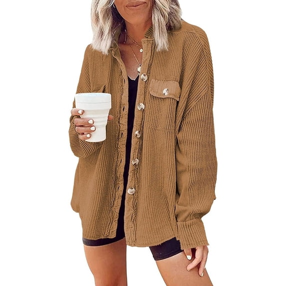 Womens Waffle Knit Shacket Boyfriend Shirt Jacket Button Down Blouse Loose Fit Long Sleeve Tops