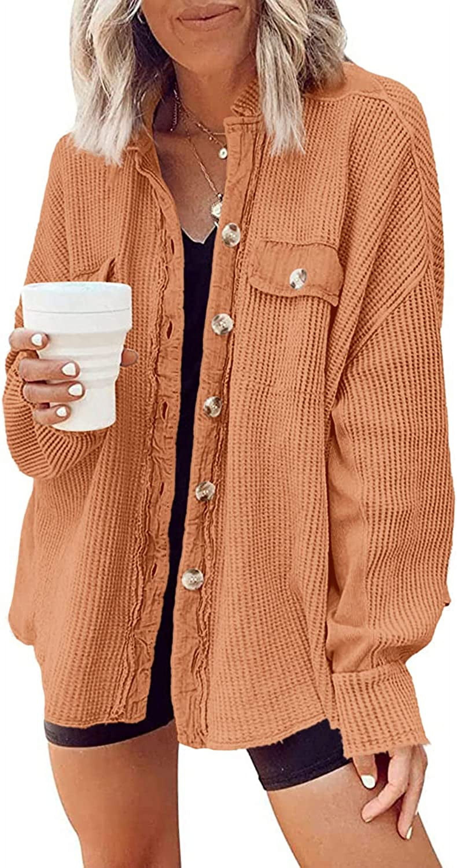 Womens Waffle Knit Shacket Boyfriend Shirt Jacket Button Down Blouse