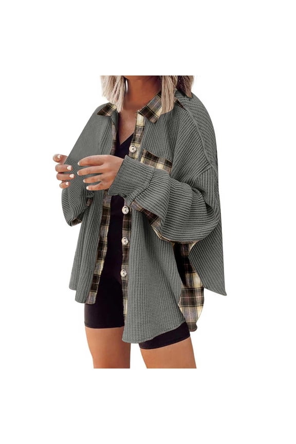 Womens Waffle Knit Shacket Boyfriend Shirt Jacket Button Down Blouse Loose Fit Long Sleeve Tops