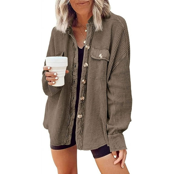 Womens Waffle Knit Shacket Boyfriend Shirt Jacket Button Down Blouse Loose Fit Long Sleeve Tops