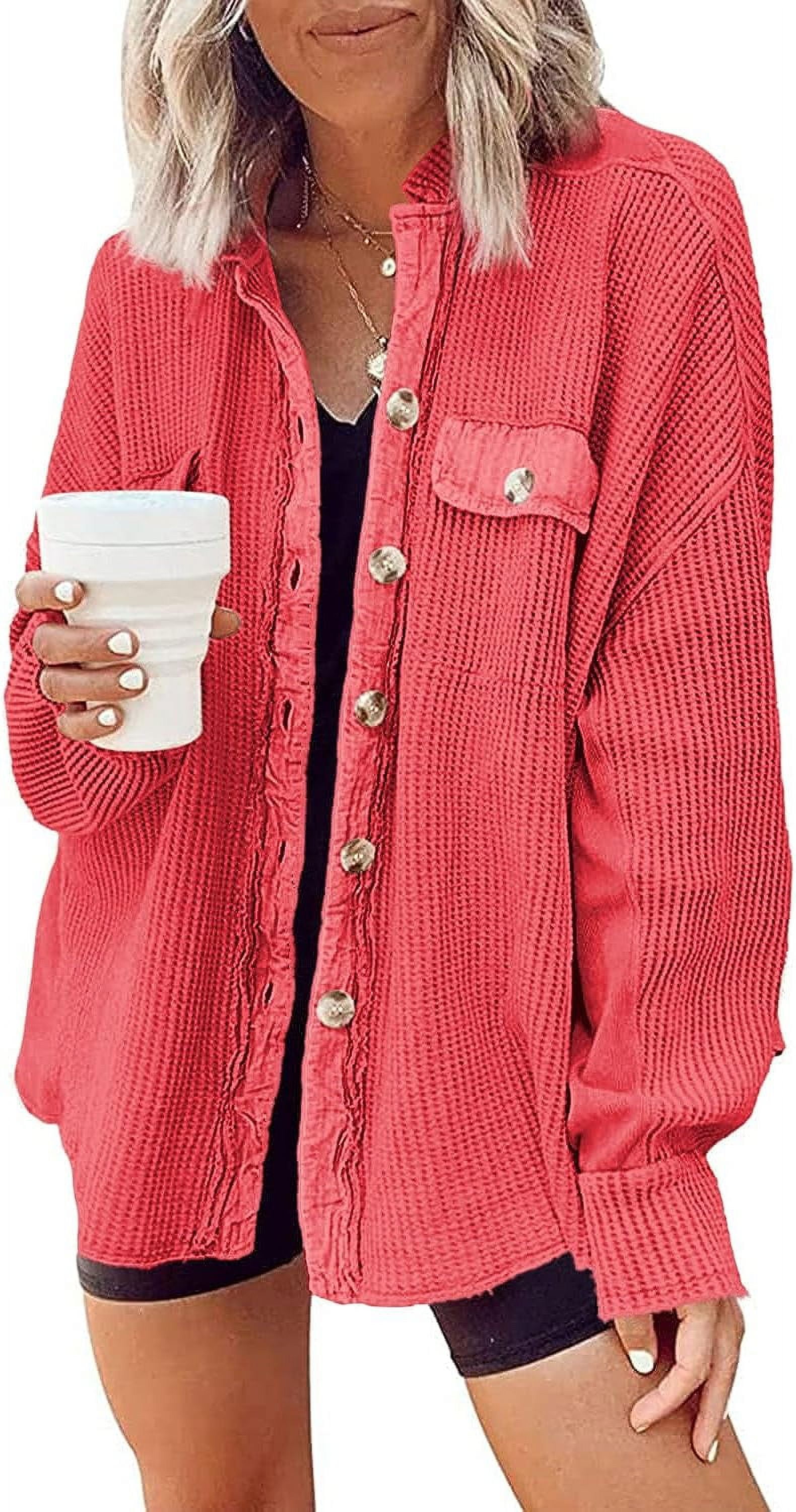 Womens Waffle Knit Shacket Boyfriend Shirt Jacket Button Down Blouse