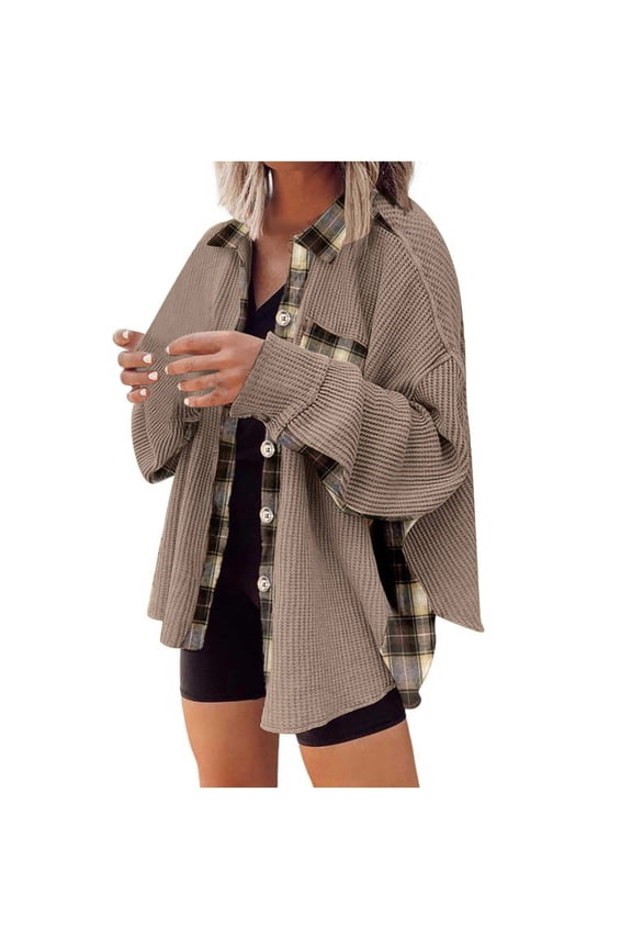 Womens Waffle Knit Shacket Boyfriend Shirt Jacket Button Down Blouse Loose Fit Long Sleeve Tops