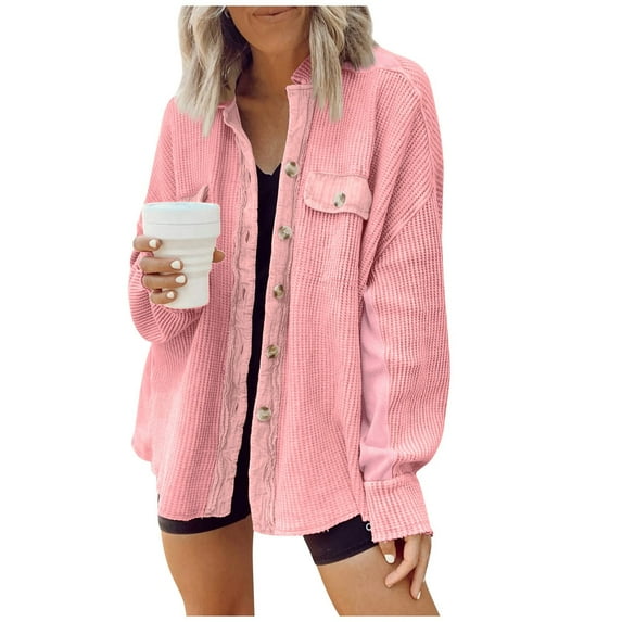 Womens Waffle Knit Shacket Boyfriend Shirt Jacket Button Down Blouse Loose Fit Long Sleeve Tops