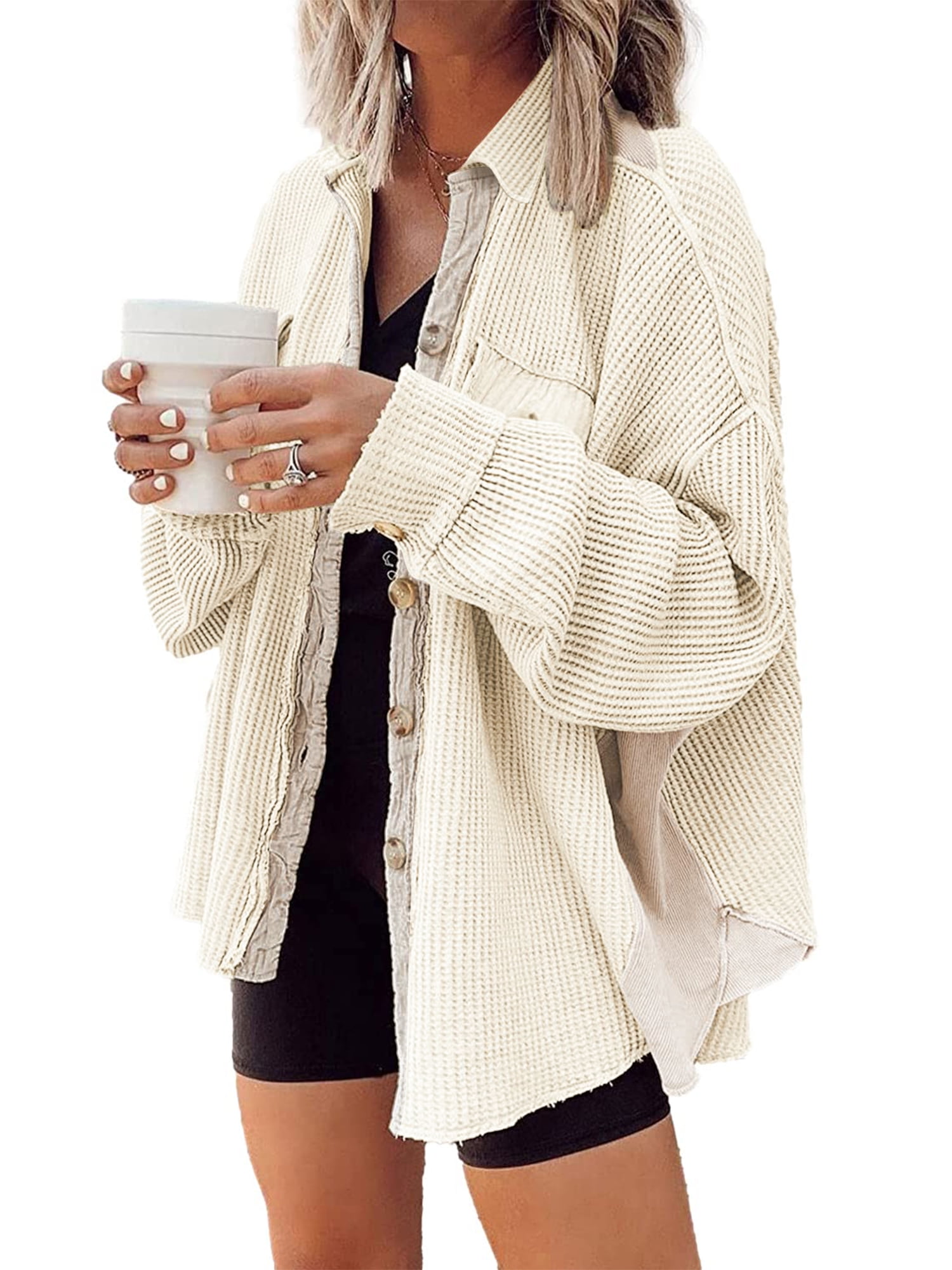 Womens Waffle Knit Shacket Boyfriend Shirt Jacket Button Down Long