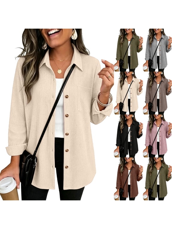Womens Waffle Knit Shacket Button Down Long Sleeve Tops with Pocket|Collared Shirts for Women,Business Casual,Lightweight Breathable Soft Waffle Fabric,Trendy Layer for Early Autumn Beige L