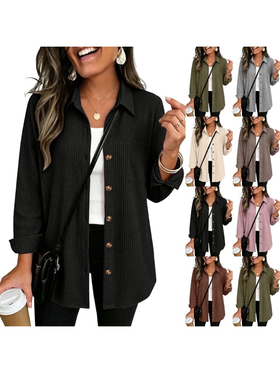 Womens Waffle Knit Shacket Button Down Long Sleeve Tops with Pocket|Collared Shirts for Women,Business Casual,Lightweight Breathable Soft Waffle Fabric,Trendy Layer for Early Autumn Black S