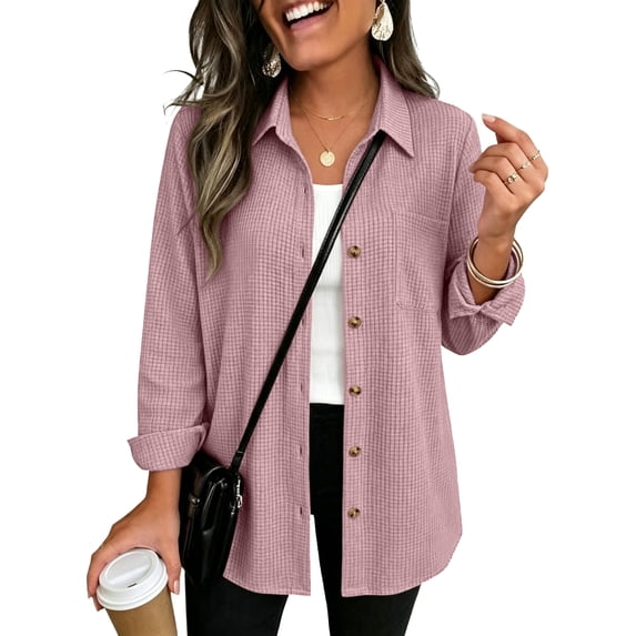 Womens Waffle Knit Shacket Jacket Casual Button Down Shirts Tops Long Sleeve,Loose Fit,Boyfriend Style,Collared V Neck,Fall Cardiga,Outwear with Pockets