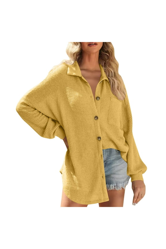 Womens Waffle Knit Shacket Jacket Casual Long Sleeve Button Down Shirts Dressy Blouses Tops