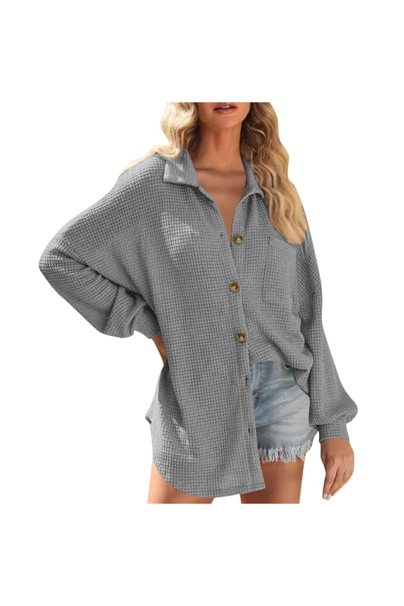 Womens Waffle Knit Shacket Jacket Casual Long Sleeve Button Down Shirts Loose Fit Dressy Tunic Blouses Tops Trendy Fall Clothing