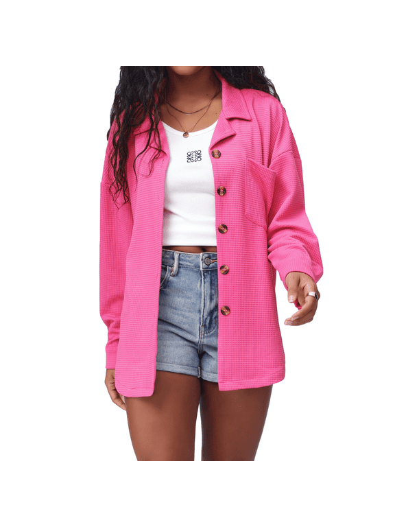 Womens Waffle Knit Shacket Jacket Oversized Casual Long Sleeve Button Down Shirts Dressy Blouses Tops with Pocket pink M