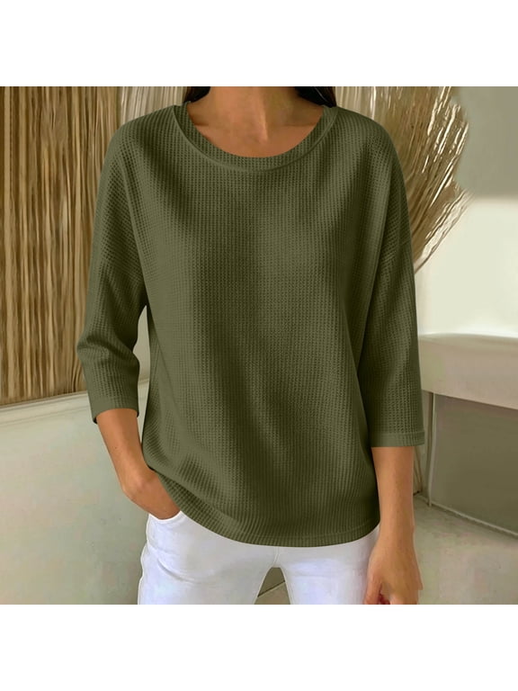 Womens Waffle Knit Shirts 3/4 Sleeve Crewneck Tunics Tops Textured Waffle Weave, Modest Round Neck, Straight Hemline, Cozy Fall Fashion, Relaxed Slouchy Silhouette