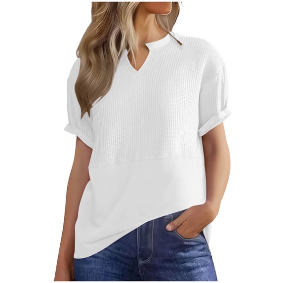 Womens Waffle Knit Summer Shirts Cap Sleeve Blouse V Neck Patchwork Tees Preppy Loose Fitted Work Pullovers